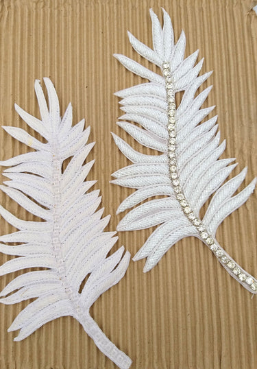White Hand Embroidered Leaf Applique, Beaded Leaf Motif, Cutwork Applique